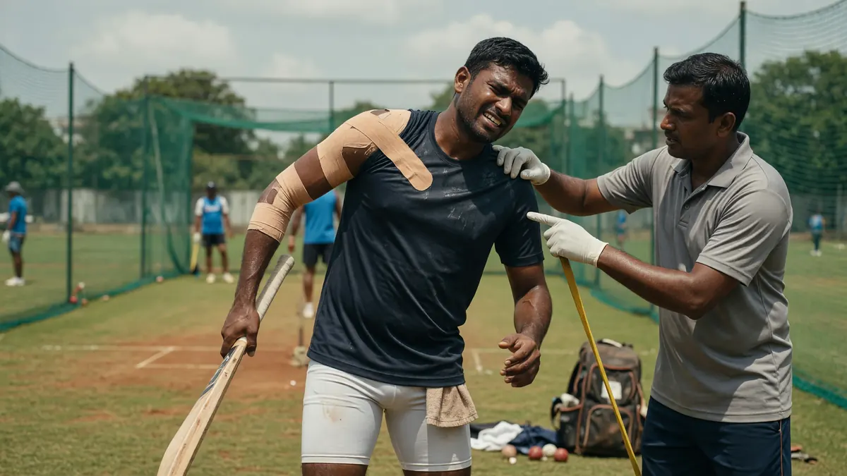 Cricketer in a navy training shirt grimaces while a gloved physio checks a heavily taped right arm during an outdoor nets session