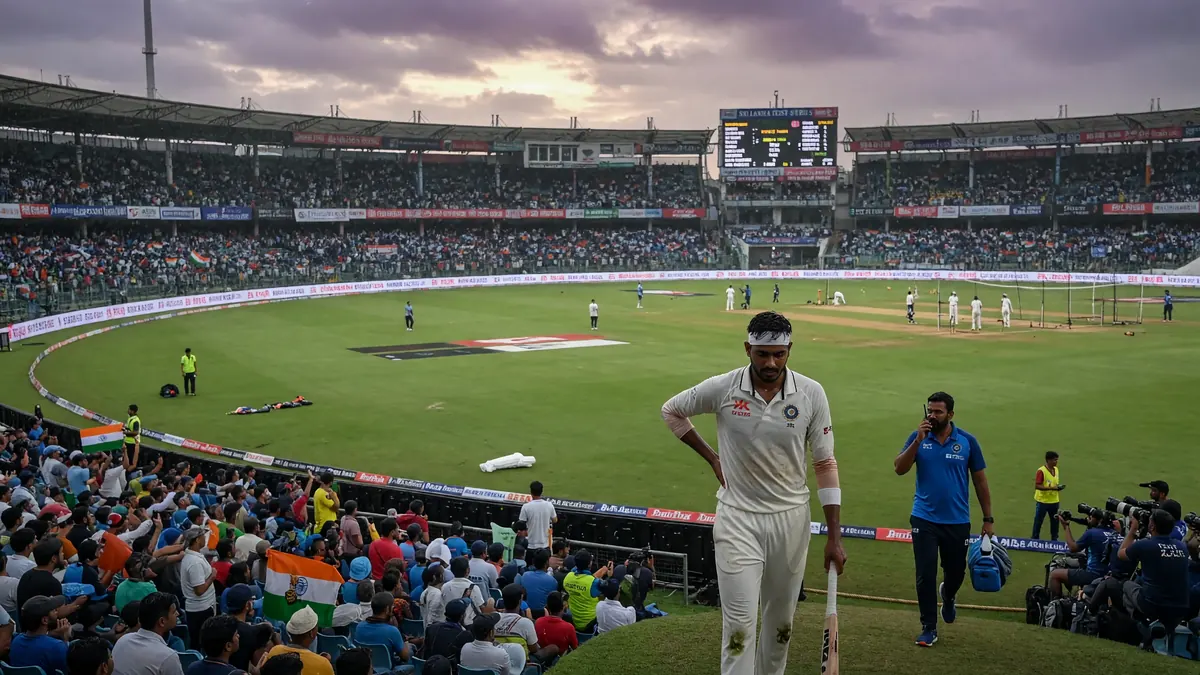 Indian batter in whites walks off a packed international cricket stadium at dusk as support staff follow and play continues on the oval