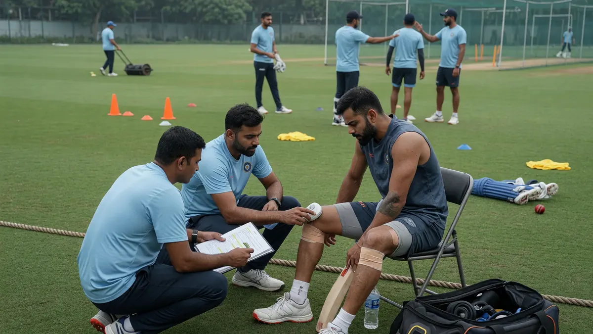 Two support staff kneel beside a seated India player while taping his lower leg on a practice field lined with orange cones