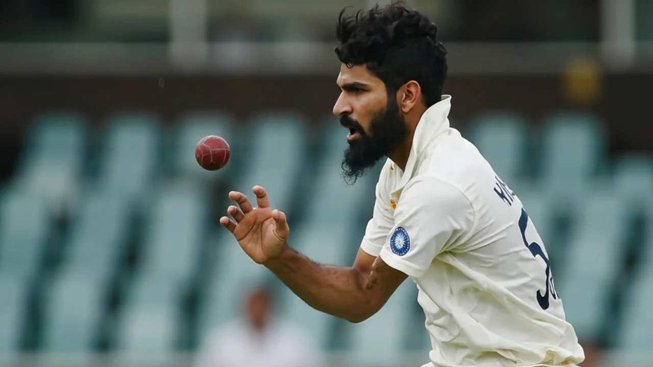 Indian pace bowler in whites approaching the crease on a Sri Lankan surface with a slip cordon and wicketkeeper visible at the far end