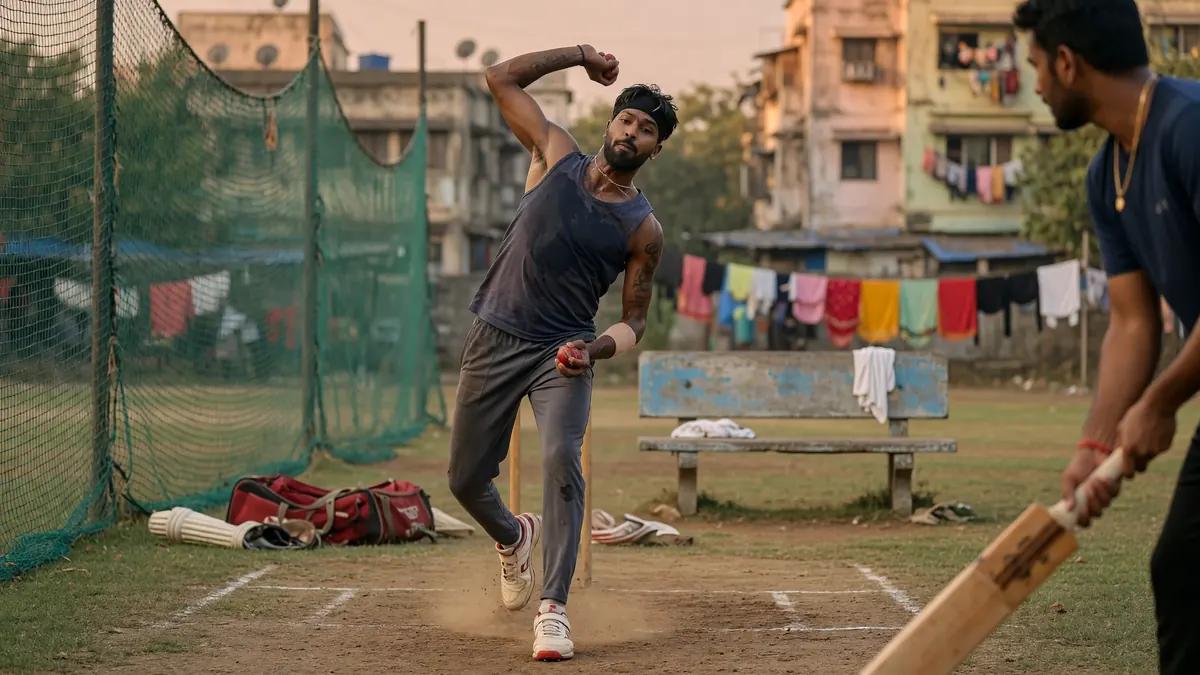 A batter in a white kit finishing a full swing on a sunlit professional cricket ground with the outfield stretching behind him
