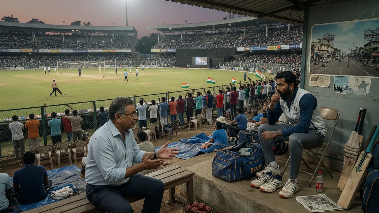 Wide evening view of a packed cricket stadium with floodlights over the ground and stands filled for a professional match