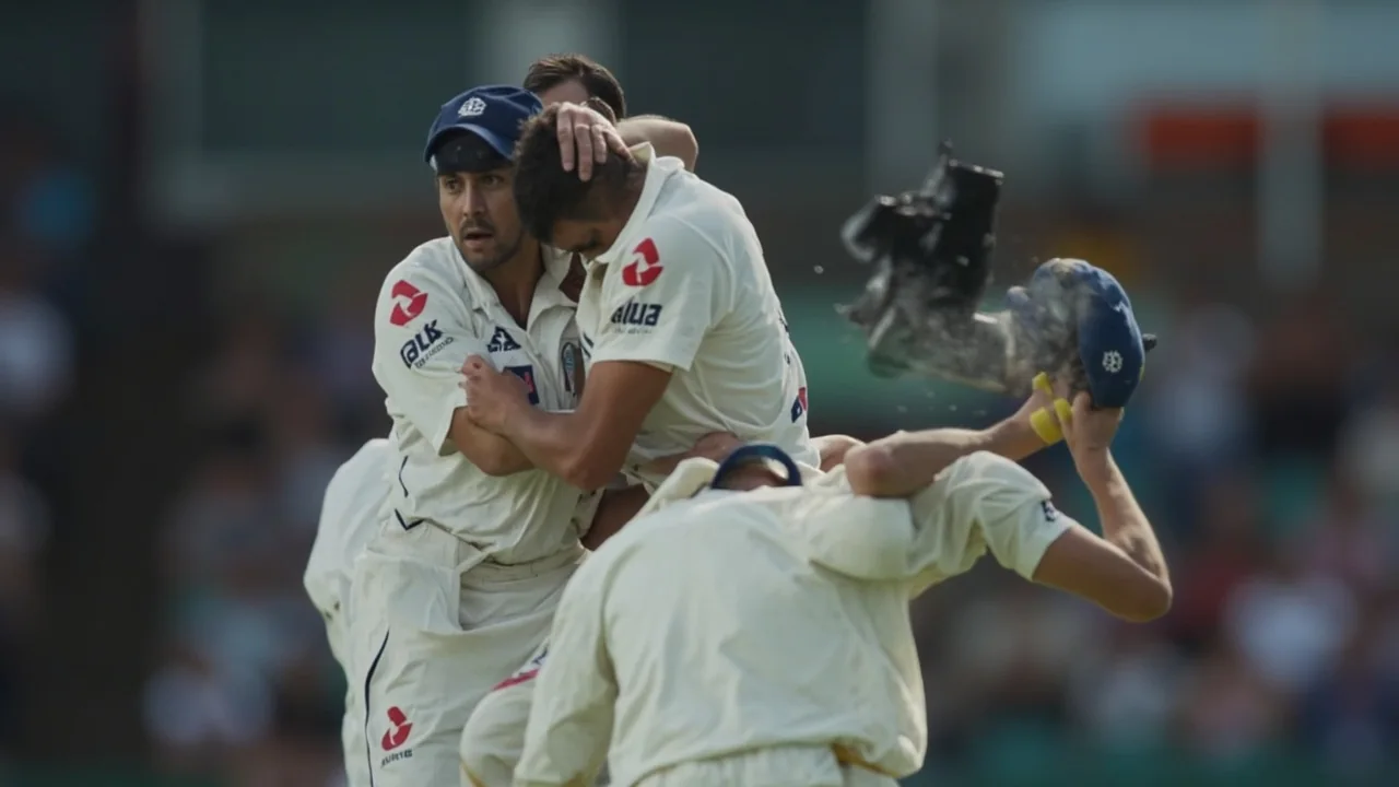 Fielders set in attacking positions on a flat Test ground in the middle session, with the batter taking a stance at the striker's end