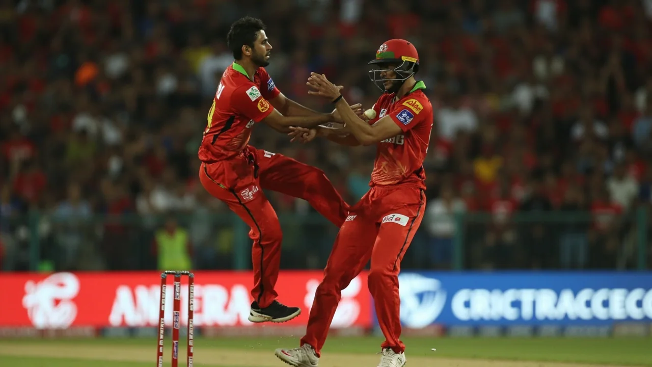 A batter in follow-through at the crease on a Hyderabad evening, with the wicketkeeper crouched and the slip fielder visible at the far end during an IPL match
