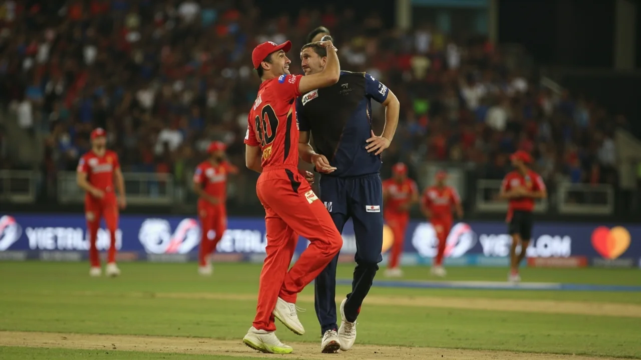 Wide evening view of the Rajiv Gandhi International Stadium in Uppal, Hyderabad, with the floodlights catching the packed stands and the pitch laid out for the SRH vs RCB fixture