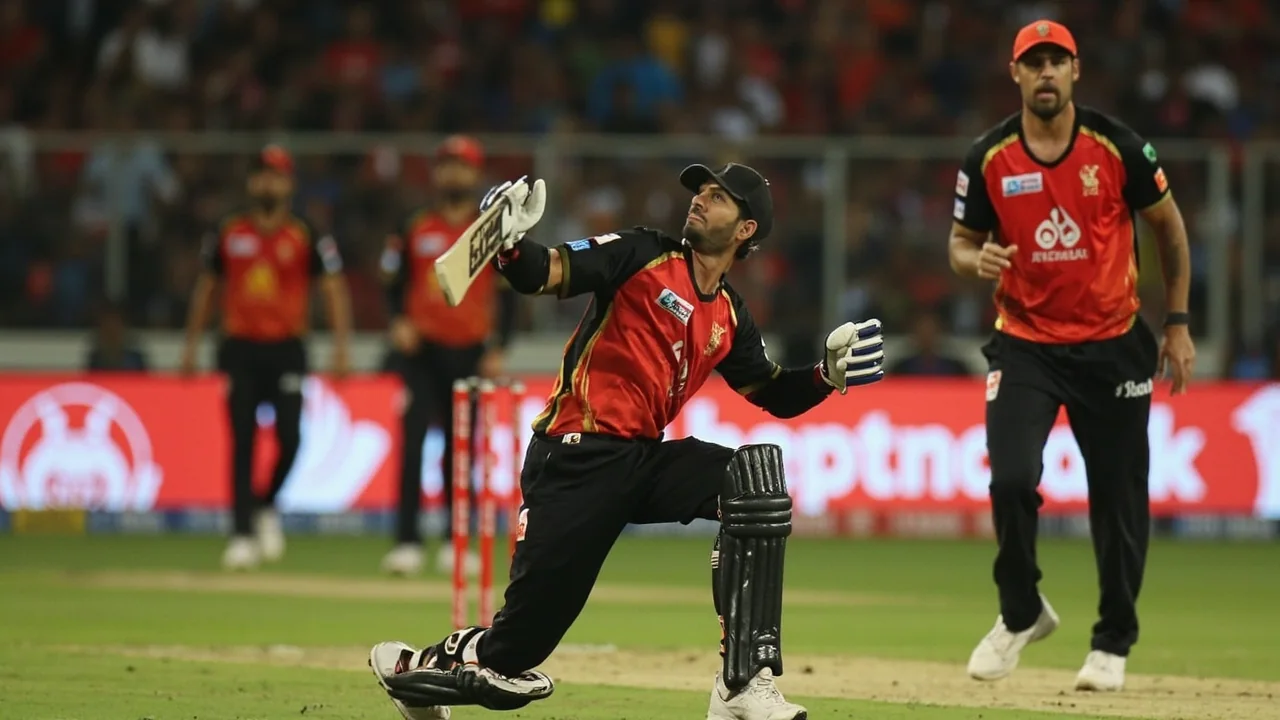 A captain and a slip fielder in conversation during an IPL match, with a wicketkeeper crouched behind the stumps and the fielding setup visible under floodlights
