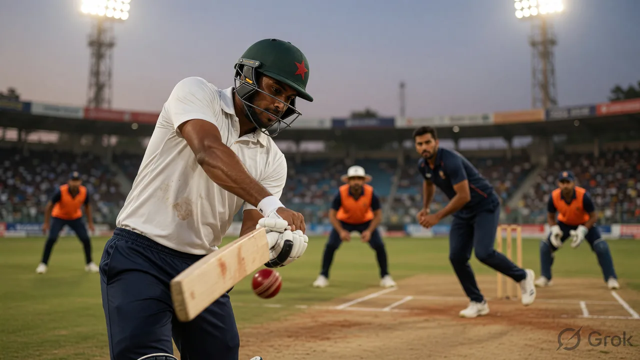 Batter playing an attacking cricket stroke during an evening match