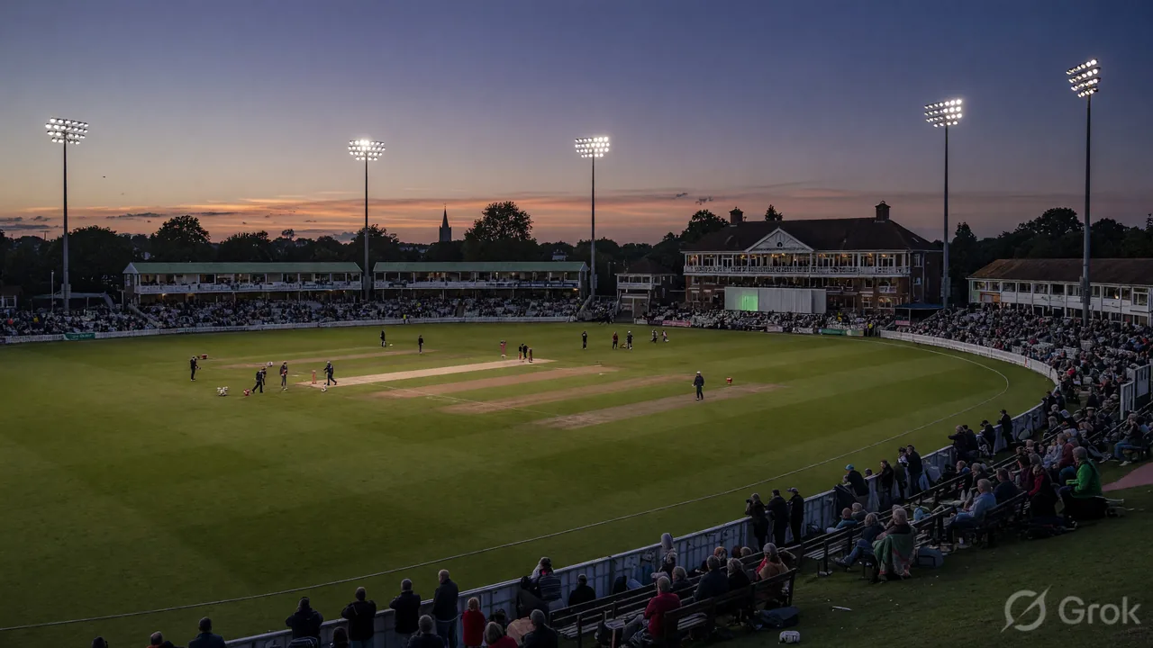 Wide evening view of Trent Bridge in Nottingham under floodlights, with the stands filling in and the centre strip laid out for a Hundred fixture
