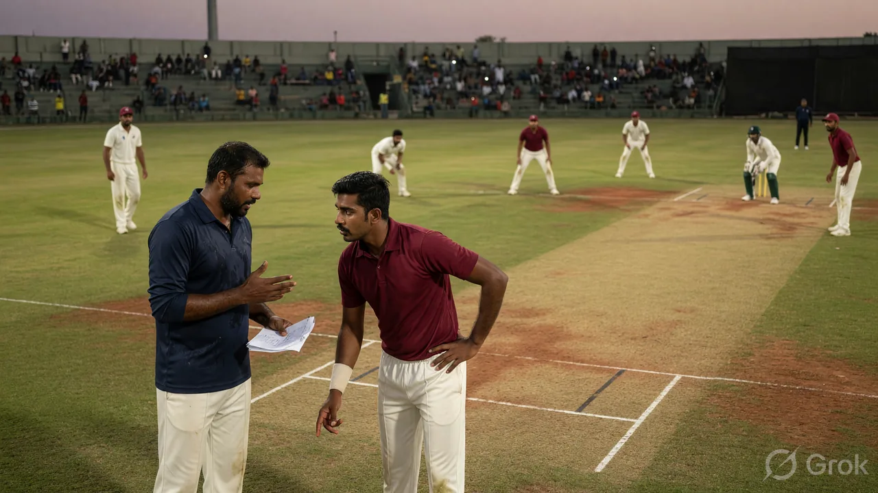 Cricket players discussing a field setting during a match under lights